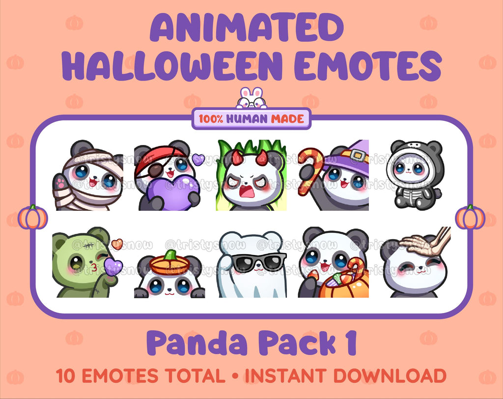 Panda Bear Halloween animated Twitch emote pack featuring 10 emotes including angry, candy, kiss, and lurk.