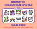 Panda Bear Halloween animated Twitch emote pack featuring 10 emotes including angry, candy, kiss, and lurk.