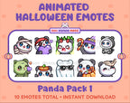 Panda Bear Halloween animated Twitch emote pack featuring 10 emotes including angry, candy, kiss, and lurk.