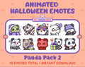 Panda Bear Halloween animated Twitch emote pack featuring 10 emotes including hype, sip, hug, and pout.