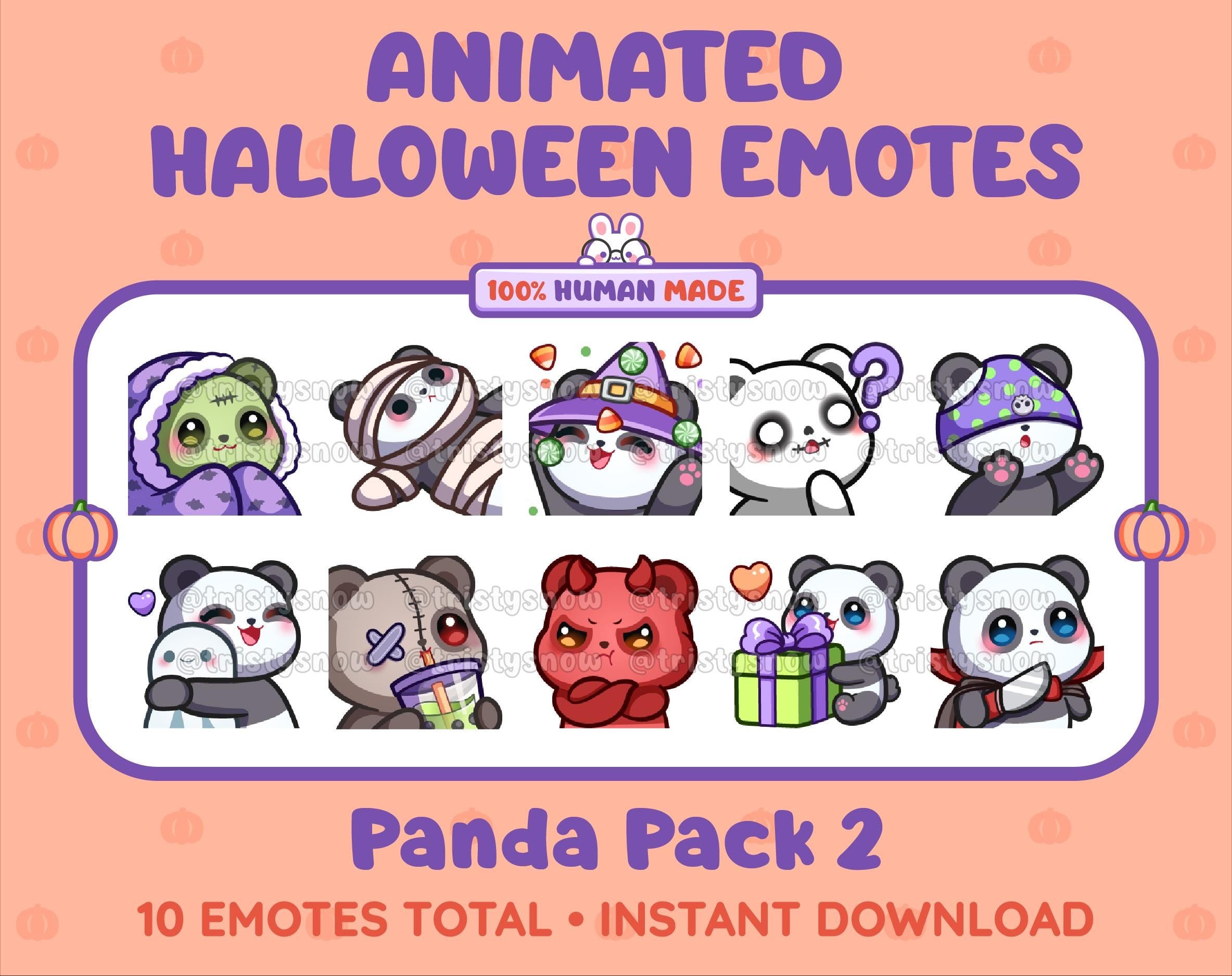 Panda Bear Halloween animated Twitch emote pack featuring 10 emotes including hype, sip, hug, and pout.