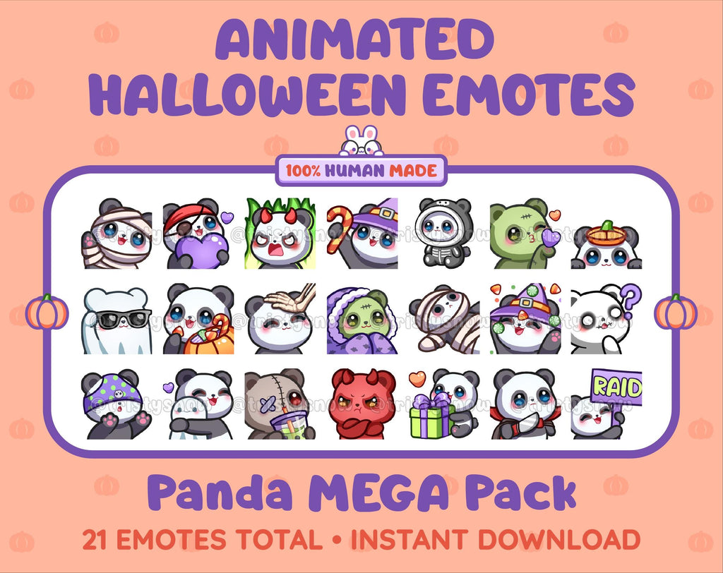 Panda Bear Halloween animated Twitch emote mega pack featuring 21 emotes including hype, candy, kiss, and lurk.