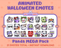 Panda Bear Halloween animated Twitch emote mega pack featuring 21 emotes including hype, candy, kiss, and lurk.