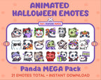 Panda Bear Halloween animated Twitch emote mega pack featuring 21 emotes including hype, candy, kiss, and lurk.