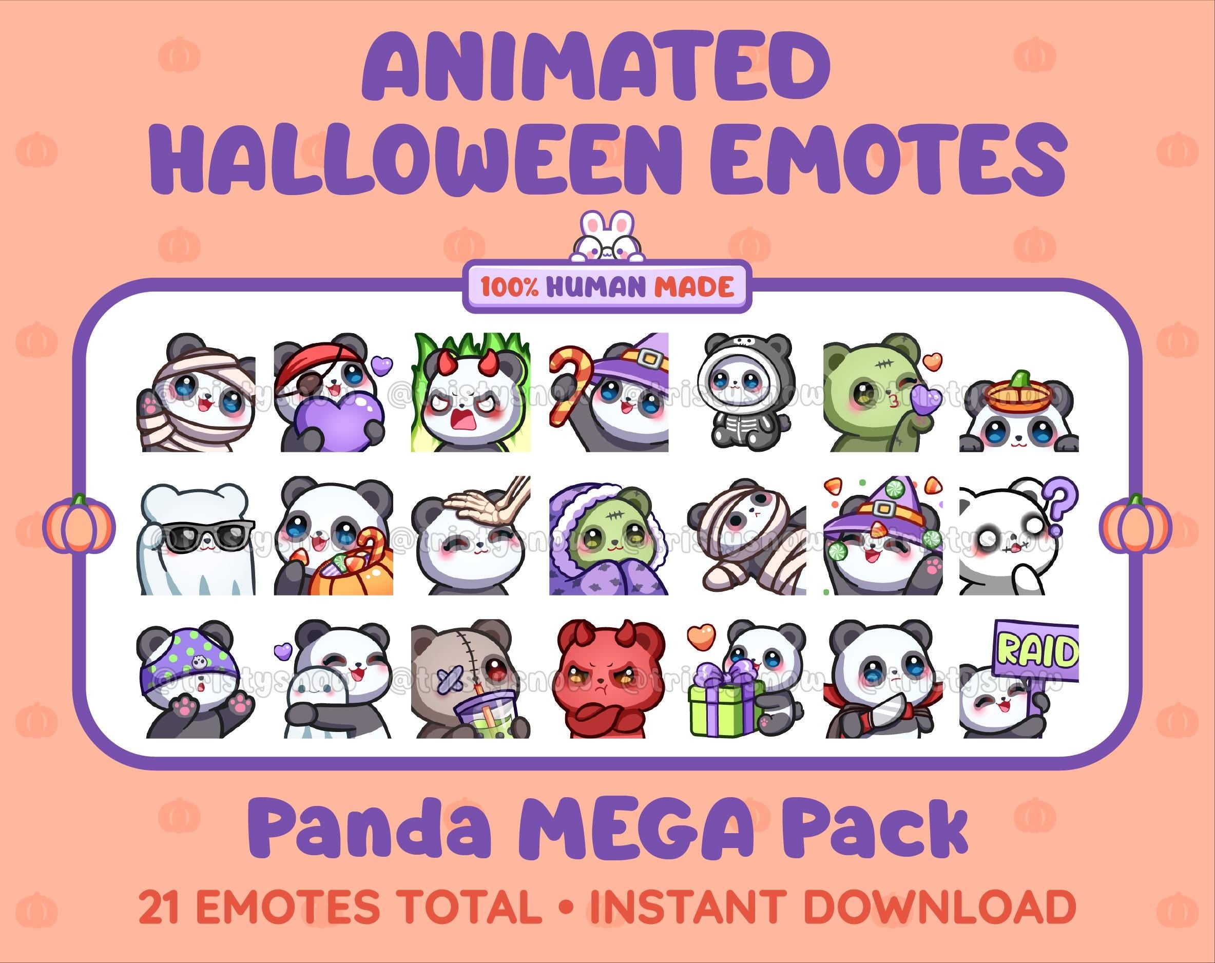 Panda Bear Halloween animated Twitch emote mega pack featuring 21 emotes including hype, candy, kiss, and lurk.
