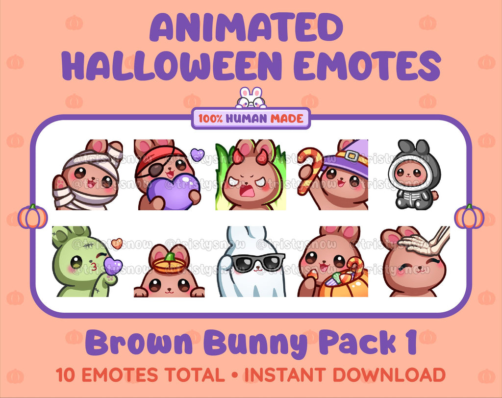 Brown Bunny Halloween animated Twitch emote pack featuring 10 emotes including angry, candy, kiss, and lurk.