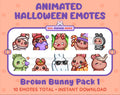 Brown Bunny Halloween animated Twitch emote pack featuring 10 emotes including angry, candy, kiss, and lurk.