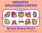 Brown Bunny Halloween animated Twitch emote pack featuring 10 emotes including angry, candy, kiss, and lurk.