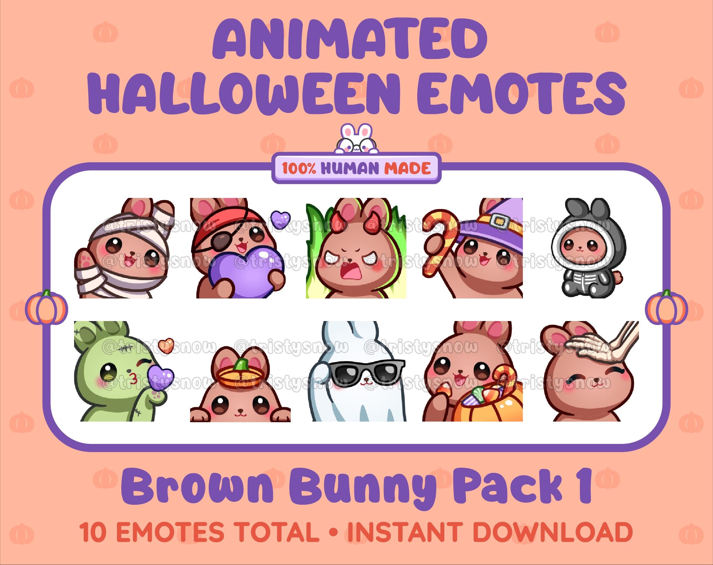 Brown Bunny Halloween animated Twitch emote pack featuring 10 emotes including angry, candy, kiss, and lurk.