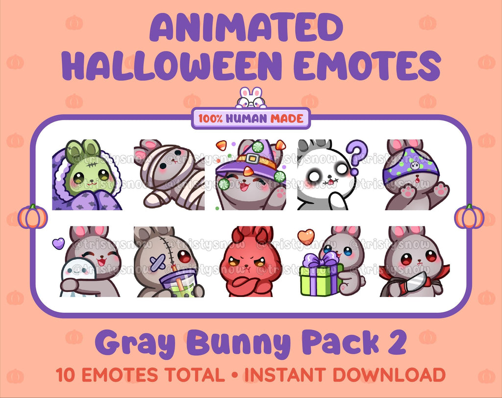 Gray Bunny Halloween animated Twitch emote pack featuring 10 emotes including hype, sip, hug, and pout.