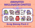 Gray Bunny Halloween animated Twitch emote pack featuring 10 emotes including hype, sip, hug, and pout.