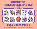 Gray Bunny Halloween animated Twitch emote pack featuring 10 emotes including hype, sip, hug, and pout.