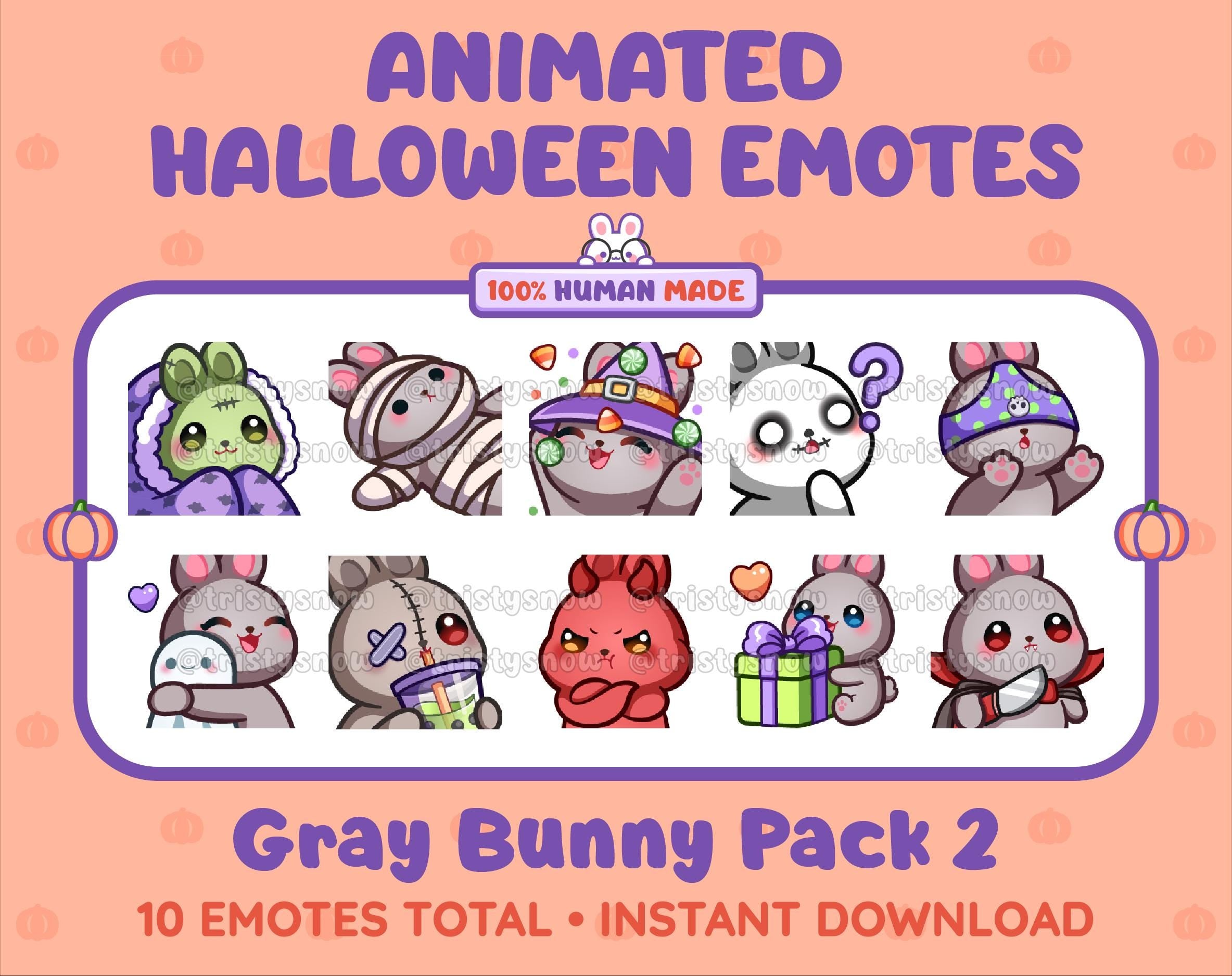 Gray Bunny Halloween animated Twitch emote pack featuring 10 emotes including hype, sip, hug, and pout.
