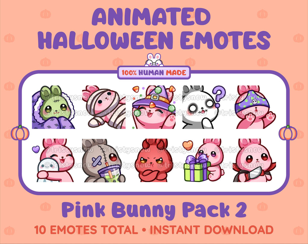 Pink Bunny Halloween animated Twitch emote pack featuring 10 emotes including hype, sip, hug, and pout.