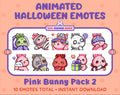 Pink Bunny Halloween animated Twitch emote pack featuring 10 emotes including hype, sip, hug, and pout.