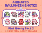 Pink Bunny Halloween animated Twitch emote pack featuring 10 emotes including hype, sip, hug, and pout.