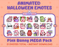 Pink Bunny Halloween animated Twitch emote mega pack featuring 21 emotes including hype, candy, kiss, and lurk.