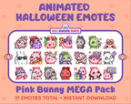 Pink Bunny Halloween animated Twitch emote mega pack featuring 21 emotes including hype, candy, kiss, and lurk.