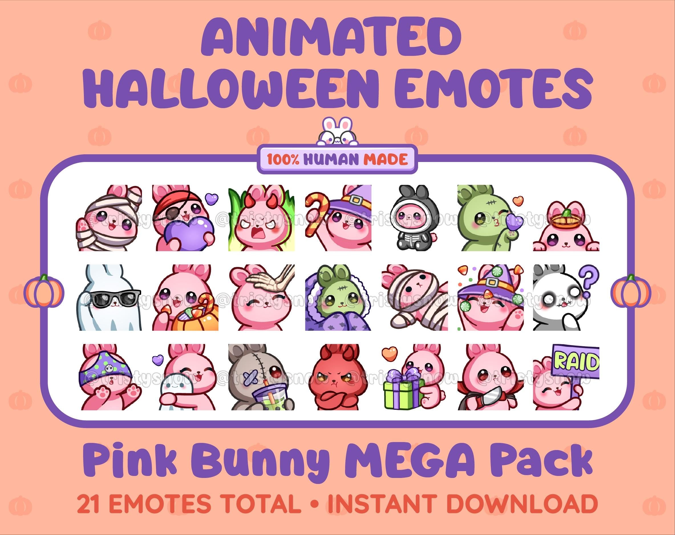 Pink Bunny Halloween animated Twitch emote mega pack featuring 21 emotes including hype, candy, kiss, and lurk.