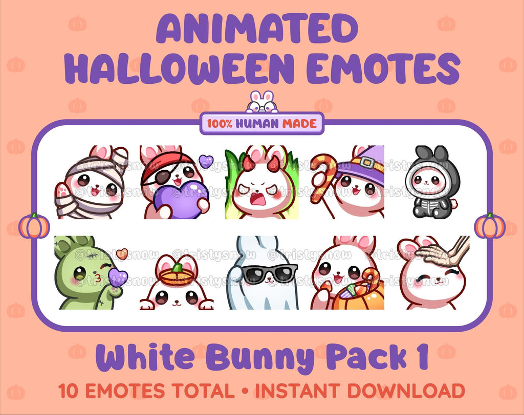 White Bunny Halloween animated Twitch emote pack featuring 10 emotes including angry, candy, kiss, and lurk.