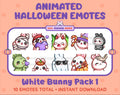 White Bunny Halloween animated Twitch emote pack featuring 10 emotes including angry, candy, kiss, and lurk.
