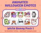 White Bunny Halloween animated Twitch emote pack featuring 10 emotes including angry, candy, kiss, and lurk.