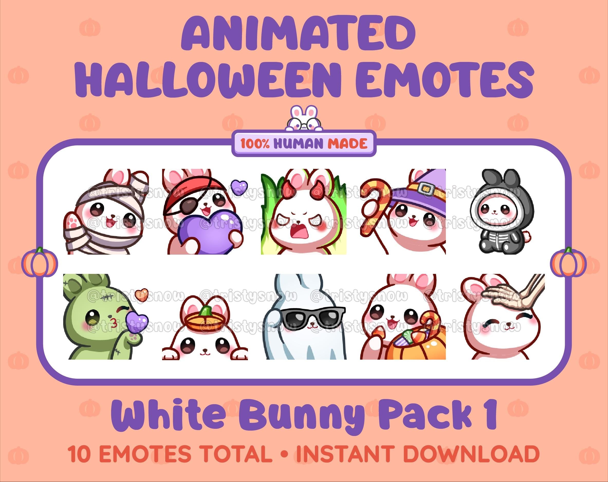 White Bunny Halloween animated Twitch emote pack featuring 10 emotes including angry, candy, kiss, and lurk.