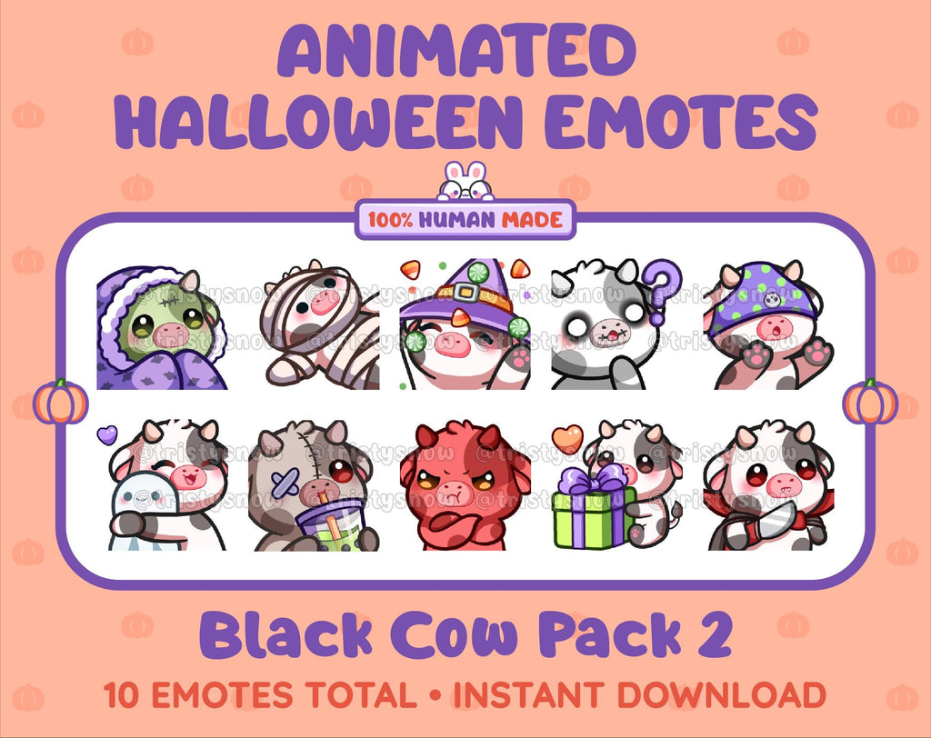 Black Cow Halloween animated Twitch emote pack featuring 10 emotes including hype, sip, hug, and pout.