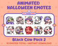 Black Cow Halloween animated Twitch emote pack featuring 10 emotes including hype, sip, hug, and pout.