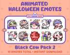 Black Cow Halloween animated Twitch emote pack featuring 10 emotes including hype, sip, hug, and pout.