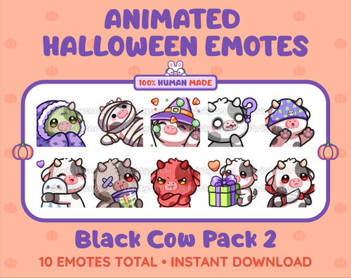Black Cow Halloween animated Twitch emote pack featuring 10 emotes including hype, sip, hug, and pout.