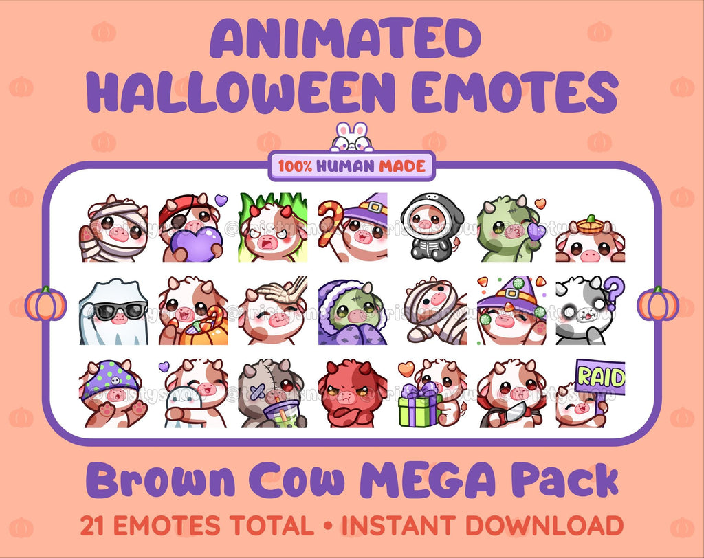 Brown Cow Halloween animated Twitch emote mega pack featuring 21 emotes including hype, candy, kiss, and lurk.