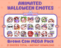 Brown Cow Halloween animated Twitch emote mega pack featuring 21 emotes including hype, candy, kiss, and lurk.