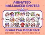 Brown Cow Halloween animated Twitch emote mega pack featuring 21 emotes including hype, candy, kiss, and lurk.