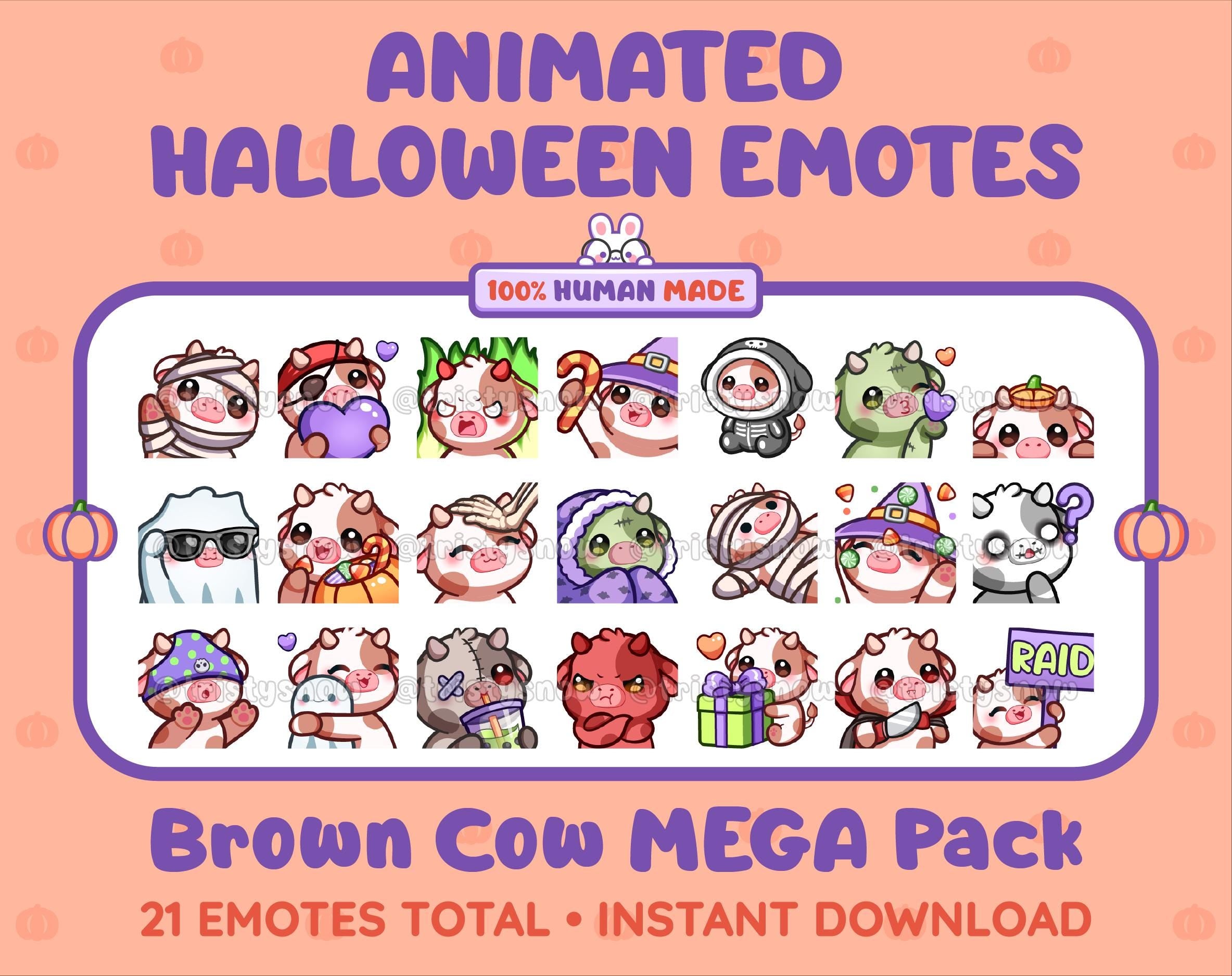Brown Cow Halloween animated Twitch emote mega pack featuring 21 emotes including hype, candy, kiss, and lurk.