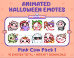 Pink Cow Halloween animated Twitch emote pack featuring 10 emotes including angry, candy, kiss, and lurk.