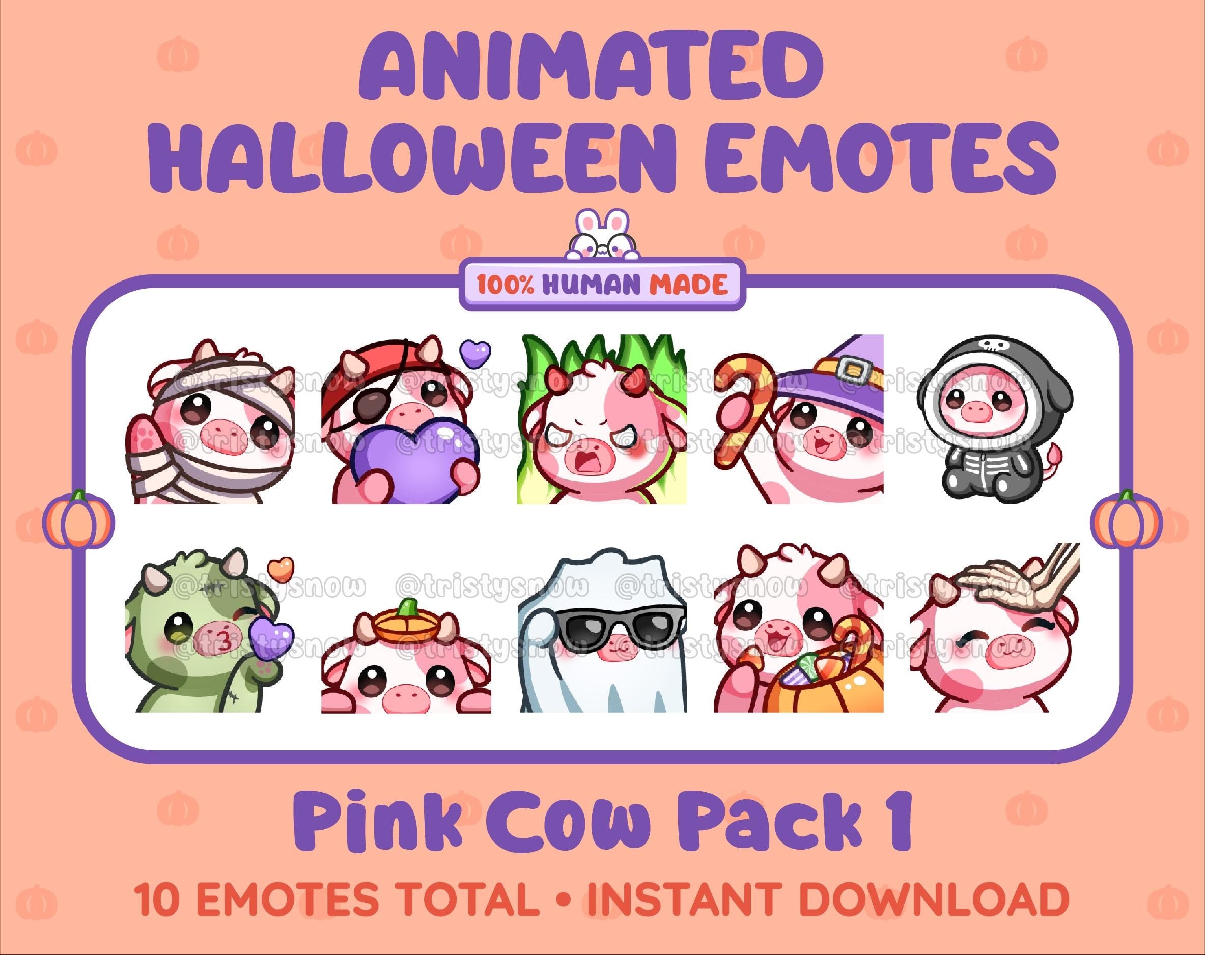 Pink Cow Halloween animated Twitch emote pack featuring 10 emotes including angry, candy, kiss, and lurk.