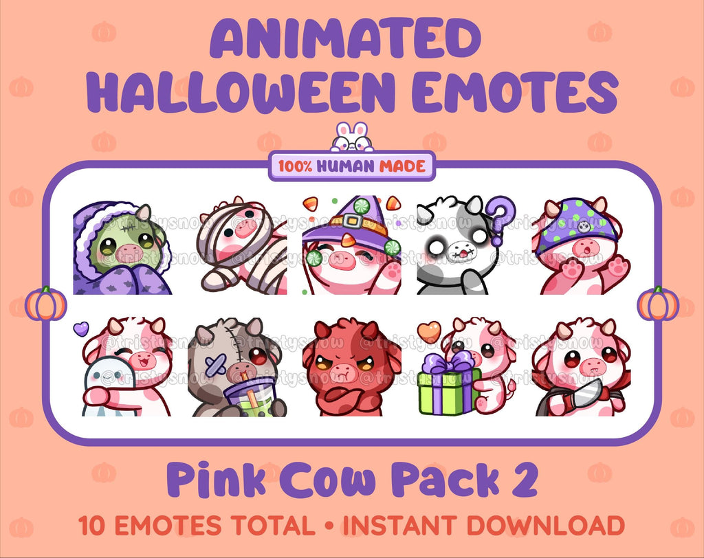 Pink Cow Halloween animated Twitch emote pack featuring 10 emotes including hype, sip, hug, and pout.
