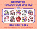Pink Cow Halloween animated Twitch emote pack featuring 10 emotes including hype, sip, hug, and pout.