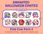 Pink Cow Halloween animated Twitch emote pack featuring 10 emotes including hype, sip, hug, and pout.