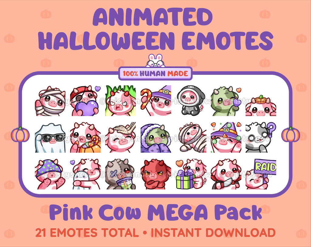 Pink Cow Halloween animated Twitch emote mega pack featuring 21 emotes including hype, candy, kiss, and lurk.