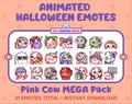 Pink Cow Halloween animated Twitch emote mega pack featuring 21 emotes including hype, candy, kiss, and lurk.