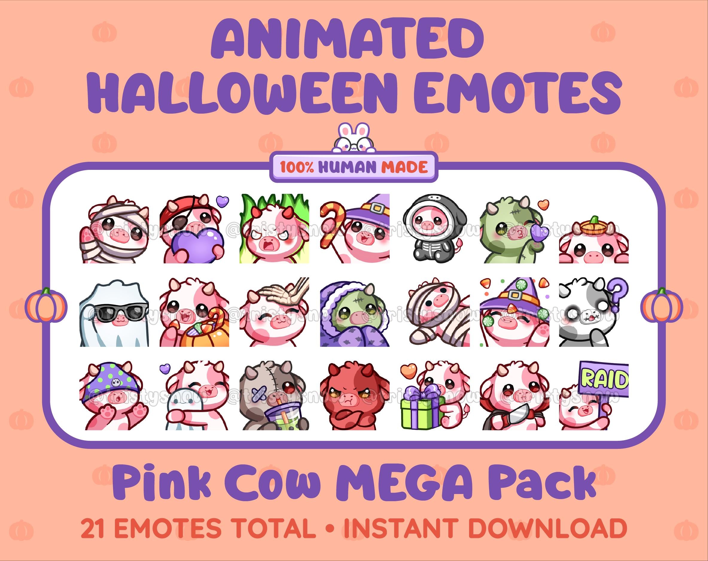 Pink Cow Halloween animated Twitch emote mega pack featuring 21 emotes including hype, candy, kiss, and lurk.