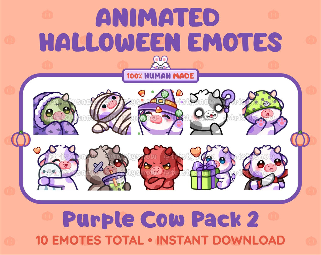 Purple Cow Halloween animated Twitch emote pack featuring 10 emotes including hype, sip, hug, and pout.