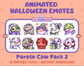Purple Cow Halloween animated Twitch emote pack featuring 10 emotes including hype, sip, hug, and pout.