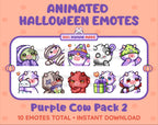 Purple Cow Halloween animated Twitch emote pack featuring 10 emotes including hype, sip, hug, and pout.
