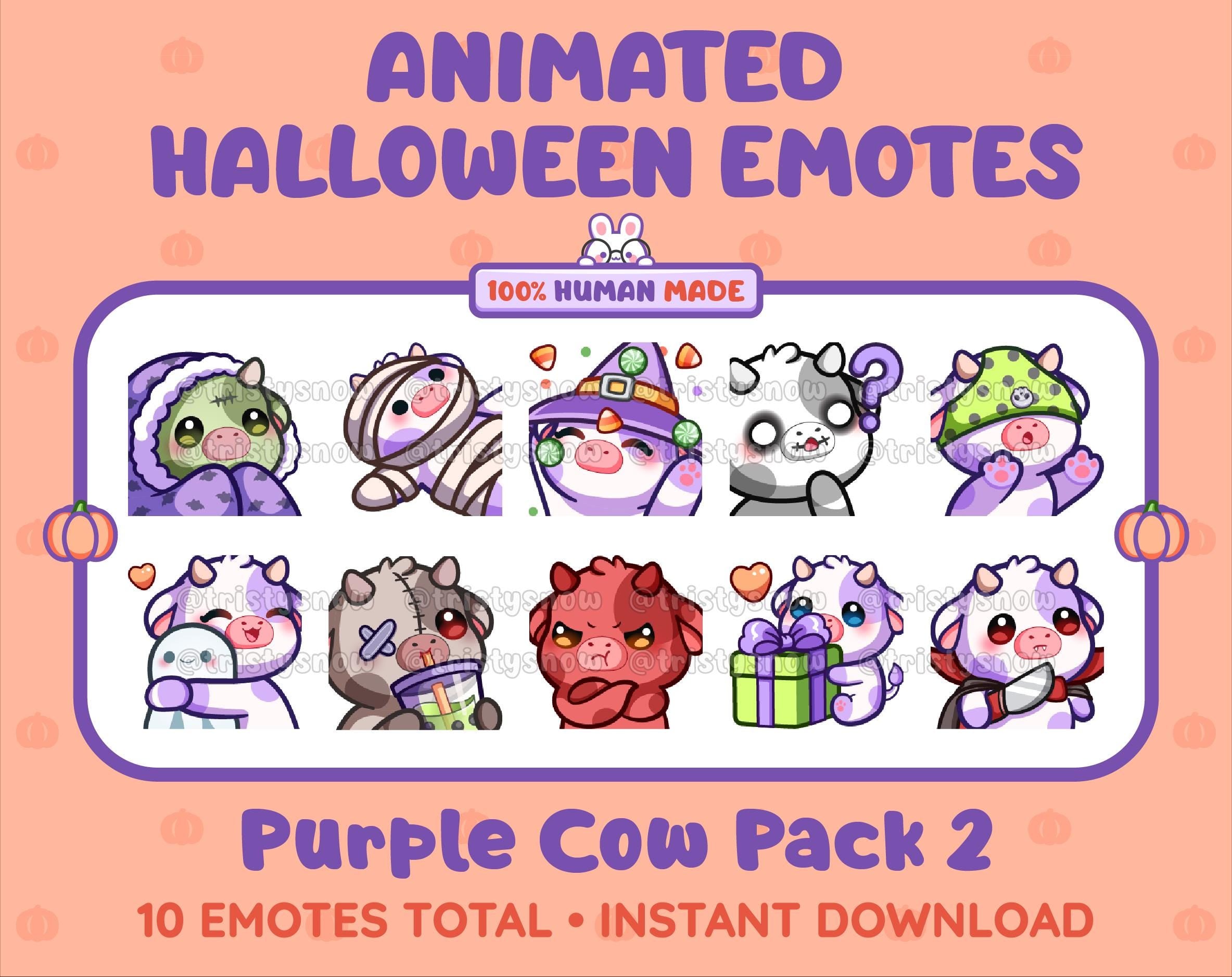 Purple Cow Halloween animated Twitch emote pack featuring 10 emotes including hype, sip, hug, and pout.