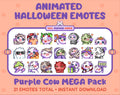 Purple Cow Halloween animated Twitch emote mega pack featuring 21 emotes including hype, candy, kiss, and lurk.