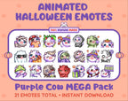 Purple Cow Halloween animated Twitch emote mega pack featuring 21 emotes including hype, candy, kiss, and lurk.