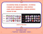 Purple Cow Halloween animated Twitch emote mega pack preview displaying all 21 emotes with format and size information.